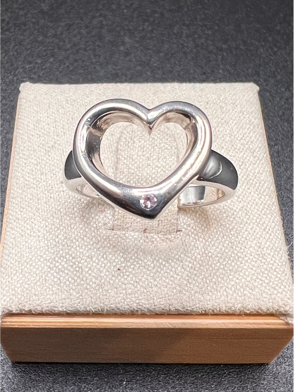 925 Sterling Silver Open Heart Ring Clear Accent Stone Size 6